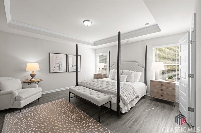 bedroom with multiple windows, crown molding, a tray ceiling, and wood finished floors