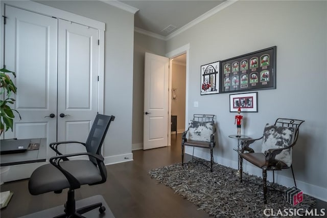 office area featuring ornamental molding and dark hardwood / wood-style flooring