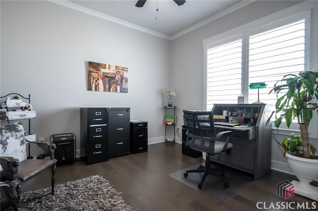 office area with crown molding, dark hardwood / wood-style floors, and ceiling fan