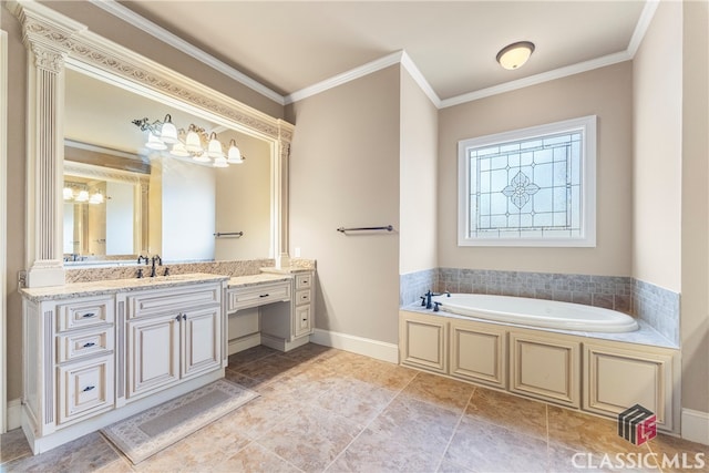 bathroom with vanity, tile patterned flooring, crown molding, and a tub