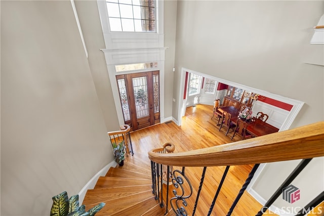 entryway featuring a towering ceiling and hardwood / wood-style floors