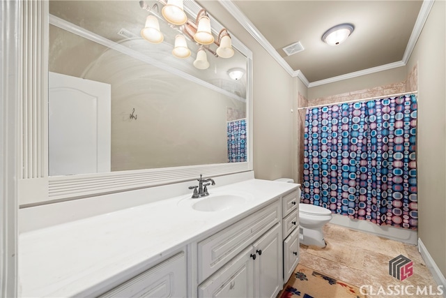 bathroom with ornamental molding, toilet, and vanity