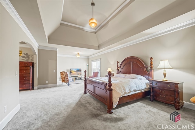 carpeted bedroom featuring a raised ceiling and ornamental molding