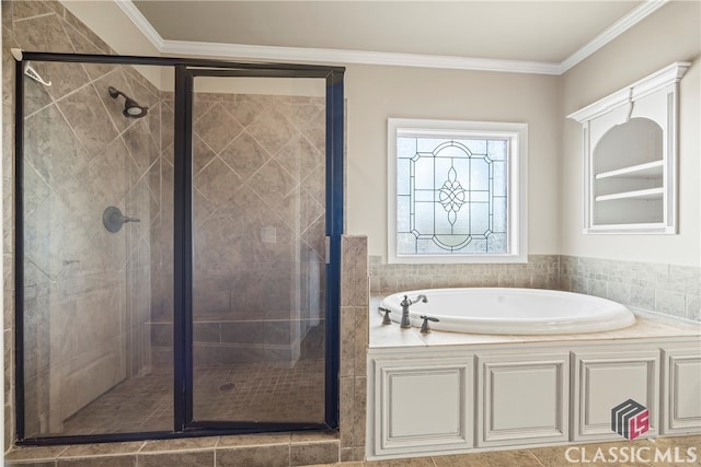 bathroom featuring ornamental molding and plus walk in shower