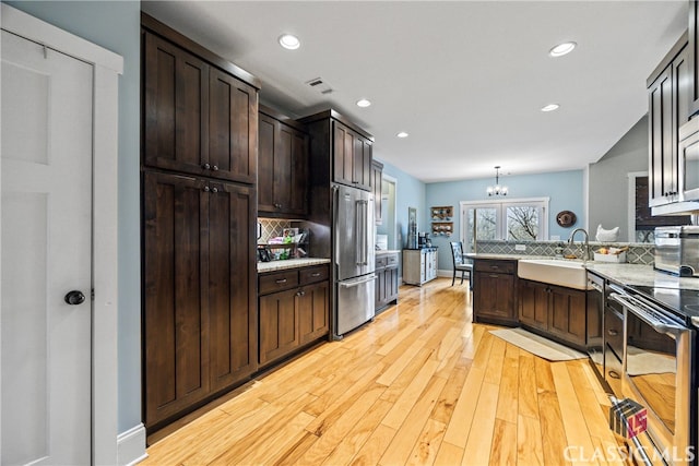 kitchen with pendant lighting, sink, appliances with stainless steel finishes, tasteful backsplash, and light wood-type flooring