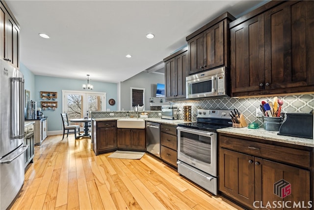 kitchen with light hardwood / wood-style flooring, backsplash, hanging light fixtures, dark brown cabinets, and stainless steel appliances