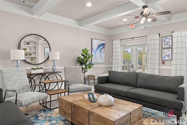 living room featuring beamed ceiling, ceiling fan, french doors, and hardwood / wood-style flooring