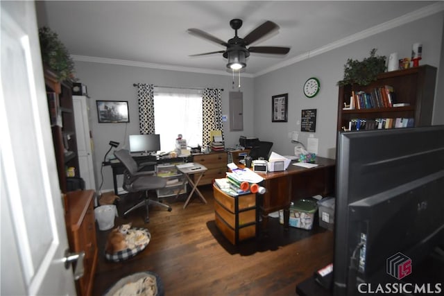 office space with wood-type flooring, ornamental molding, ceiling fan, and electric panel