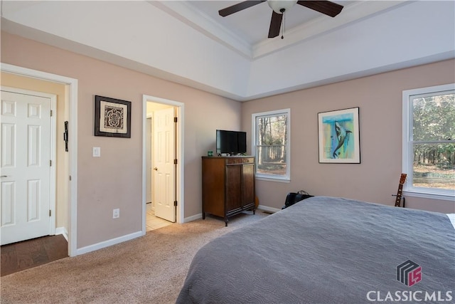 carpeted bedroom with multiple windows, a raised ceiling, and ceiling fan