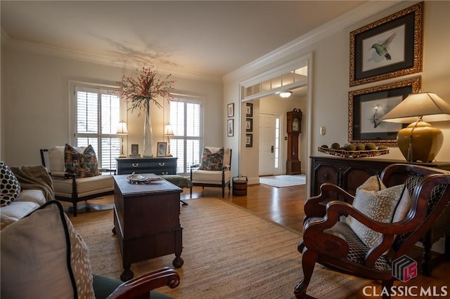 living room featuring hardwood / wood-style floors and crown molding