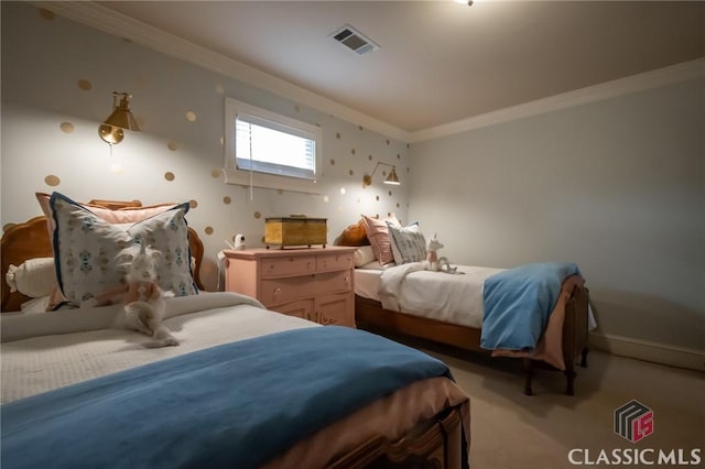 bedroom featuring ornamental molding and light carpet