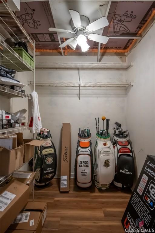 storage room featuring ceiling fan