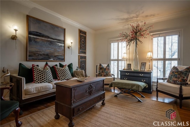 living room with hardwood / wood-style flooring and ornamental molding