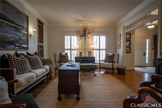 living room with dark wood-type flooring and ornamental molding