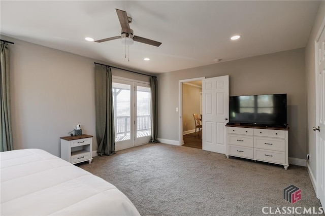 carpeted bedroom featuring access to outside and ceiling fan