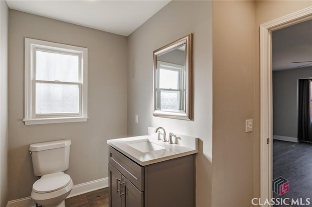 bathroom featuring vanity, hardwood / wood-style flooring, and toilet