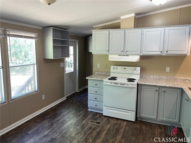 kitchen featuring dark wood-type flooring, ornamental molding, white cabinets, vaulted ceiling, and white electric stove