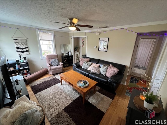 living room featuring ceiling fan, wood-type flooring, and a textured ceiling