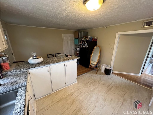 kitchen with white cabinetry, sink, dark stone counters, black fridge, and a textured ceiling