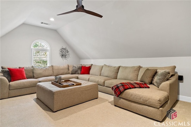 living room with vaulted ceiling and ceiling fan