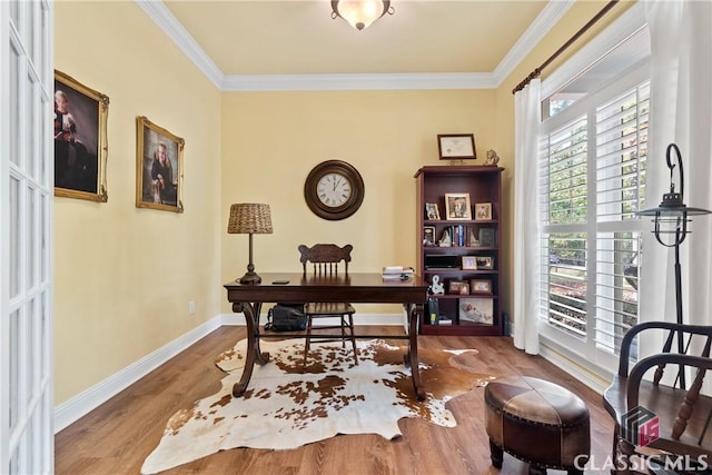 home office featuring ornamental molding and wood-type flooring