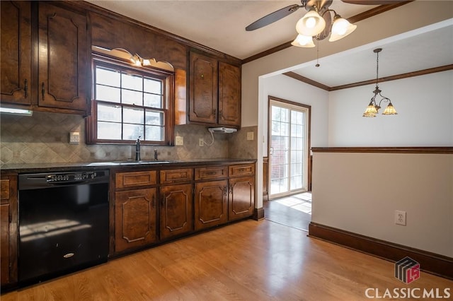 kitchen featuring dark brown cabinetry, sink, crown molding, dishwasher, and light hardwood / wood-style floors