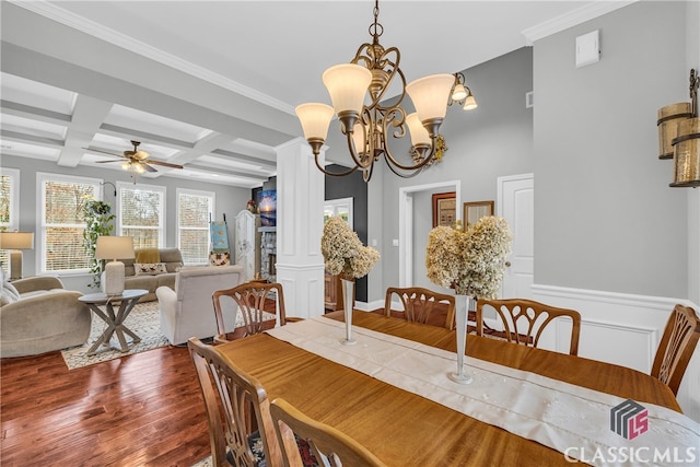 dining room featuring dark wood-type flooring, coffered ceiling, ceiling fan with notable chandelier, beamed ceiling, and ornate columns