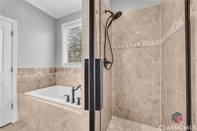 bathroom featuring ornamental molding and separate shower and tub