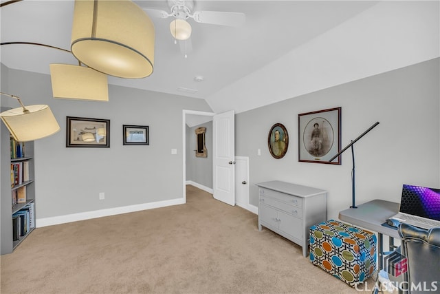 playroom featuring vaulted ceiling, light colored carpet, and ceiling fan