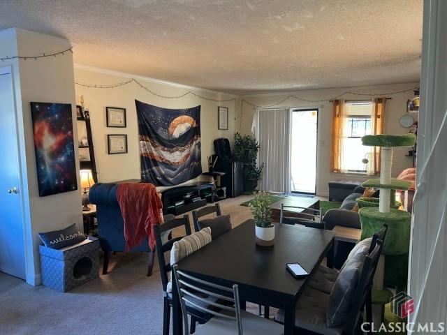 dining space featuring carpet flooring and a textured ceiling