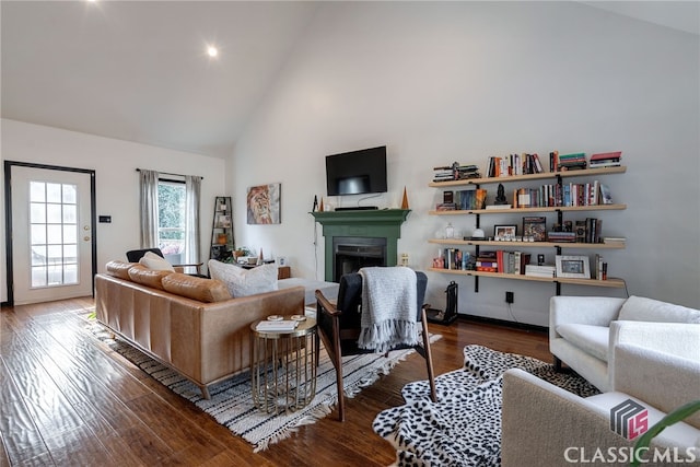 living room featuring hardwood / wood-style flooring and high vaulted ceiling