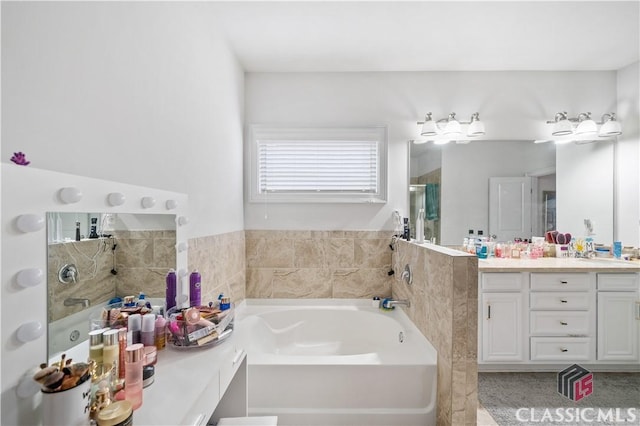 bathroom with vanity and plus walk in shower