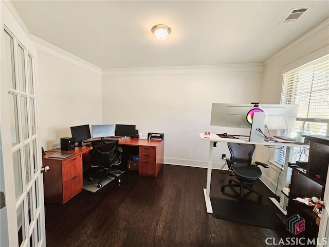 office area with dark wood-type flooring and crown molding