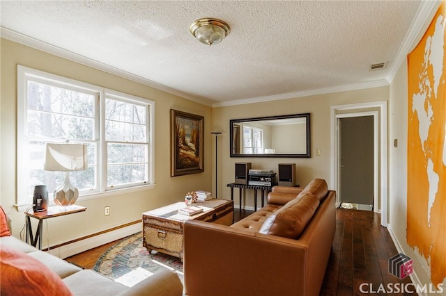 interior space with a baseboard radiator, ornamental molding, dark hardwood / wood-style floors, and a textured ceiling