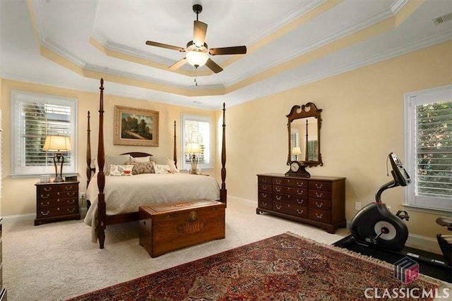 carpeted bedroom featuring crown molding, a raised ceiling, and ceiling fan