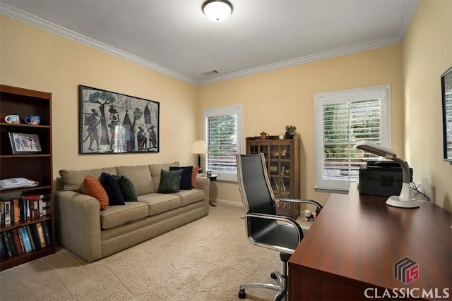 carpeted office featuring crown molding