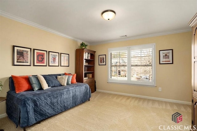 interior space with crown molding and light colored carpet