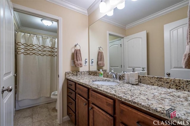 full bathroom with tile patterned floors, toilet, ornamental molding, vanity, and shower / bath combo