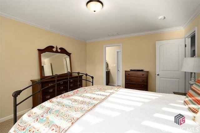 carpeted bedroom with ornamental molding