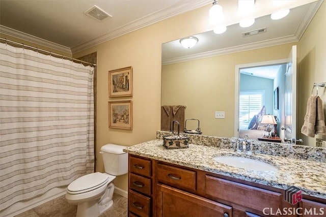 bathroom featuring ornamental molding, walk in shower, vanity, and toilet