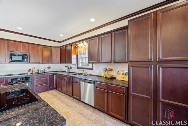 kitchen featuring tasteful backsplash, ornamental molding, dark stone counters, and black appliances