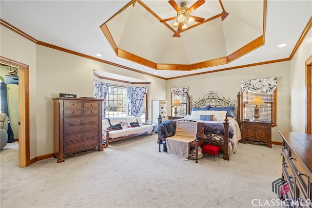 bedroom with light carpet, ornamental molding, and ceiling fan