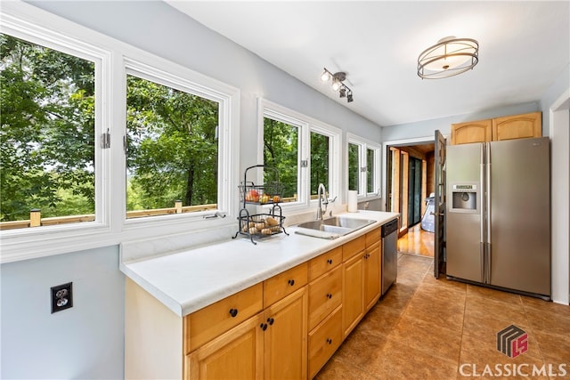 kitchen with stainless steel appliances, sink, and light brown cabinets