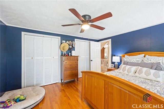 bedroom featuring ceiling fan, light hardwood / wood-style flooring, ornamental molding, and multiple closets