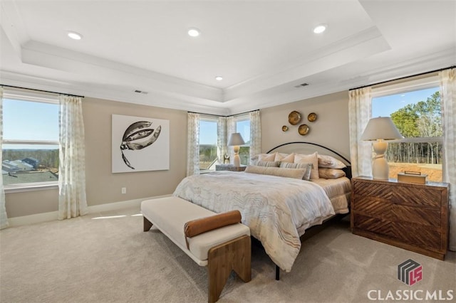 carpeted bedroom with crown molding and a tray ceiling