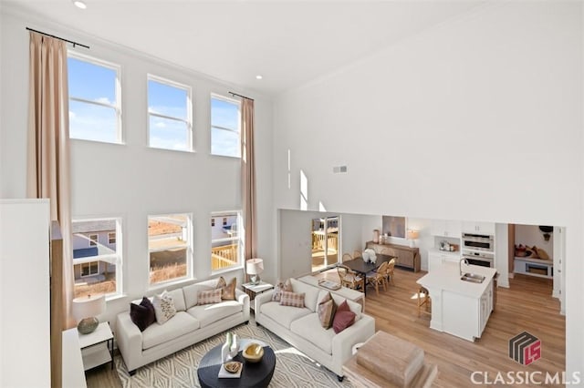 living room with crown molding, a towering ceiling, and light hardwood / wood-style flooring