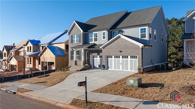 view of front facade with central AC, a garage, and solar panels