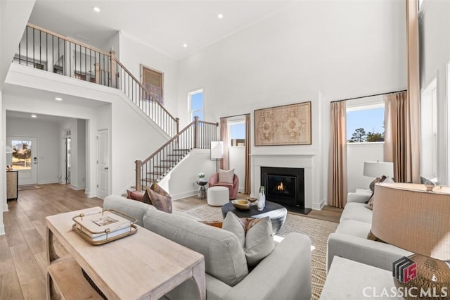 living room featuring a towering ceiling and light hardwood / wood-style floors