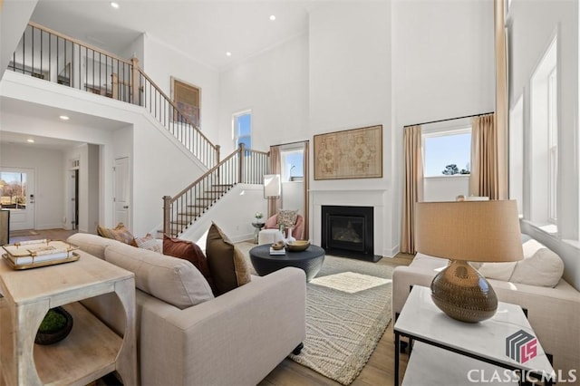 living room featuring a towering ceiling and light hardwood / wood-style floors