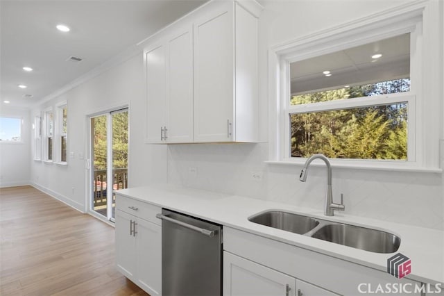 kitchen with crown molding, sink, stainless steel dishwasher, and white cabinets